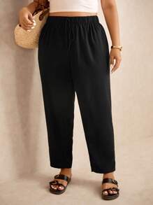 Elaquor 大码女式纯色休闲松紧腰七分裤，带口袋 - 黑色 - 查看 4