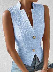 Chiquease Textured Jacquard V-Neck Vest Suit Jacket, Fashionable For Summer - Blue - View 6