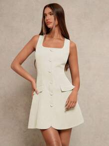 Glamine Early Spring New Square Neck Sleeveless Slim Fit Faux Pocket Commuter Casual Elegant Notched Front Women Short Dress Women Short Dresses Summer - Apricot - View 6