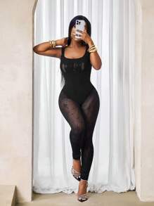 BamGleam Sexy Mesh Jumpsuit, Solid Color Round Neck Sheer Sleeveless - Black - View 7