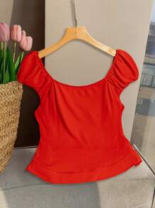 Flirla Plus Size Women's Square Neck Puff Sleeve Summer T-Shirt - Red - View 3