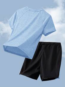 SHEIN 2pcs Set Teen Boy's Contrast Color Block Printed T-Shirt And Shorts Sports Suit;Spring Wear; Teen Boys' Clothing; Kids' Jackets, Spring Back To School