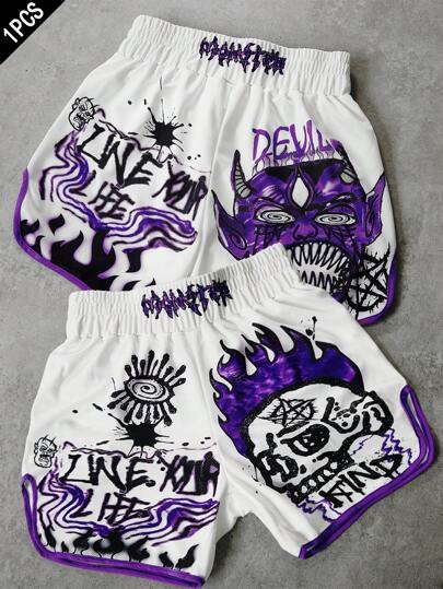 PAVTROS Herr streetwear INS-stil high street kreativ graffiti illustration överdimensionerade dödskalle och bokstäver grafiska shorts, present till pojkvän eller make