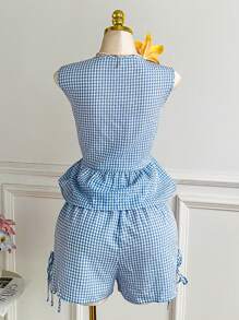 Comfortcana Plus Size Blue & White Check Bowknot Tie Sleeveless Top & Shorts 2 Pieces Set, Summer