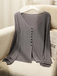 Franclia 女士休闲半透视V领开衫，春夏 - 深灰色 - 查看 1