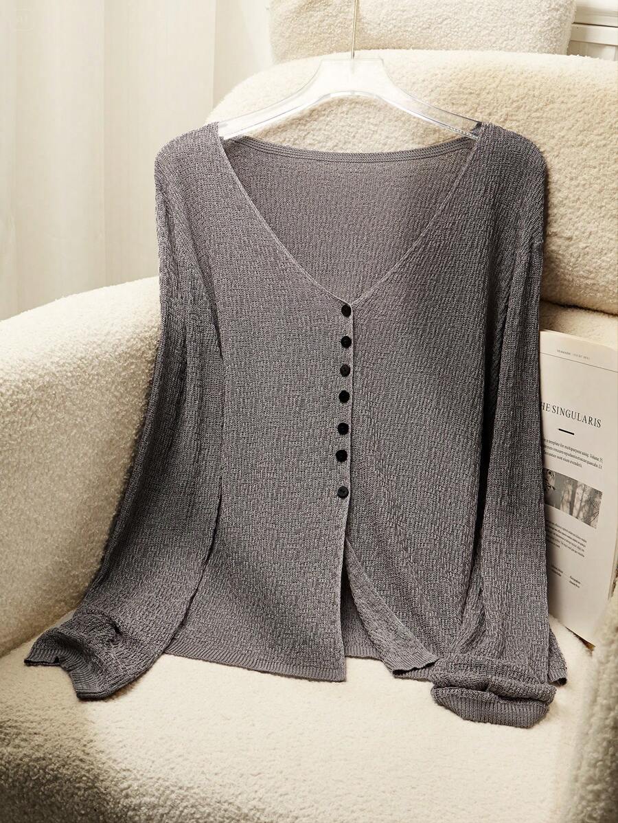 Franclia 女士休闲半透视V领开衫，春夏 - 深灰色 - 查看 1