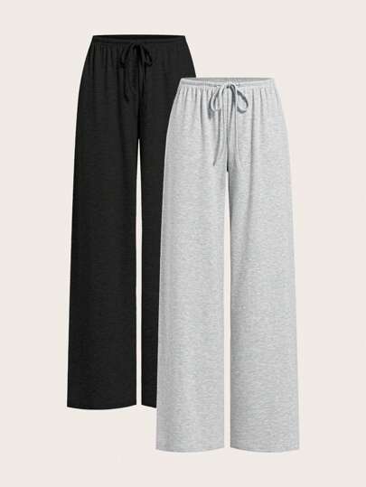 SHEIN EZwear بنطلون نسائي واسع الساق مكنوك خفيف الوزن، ثنائي اللون، كاجوال