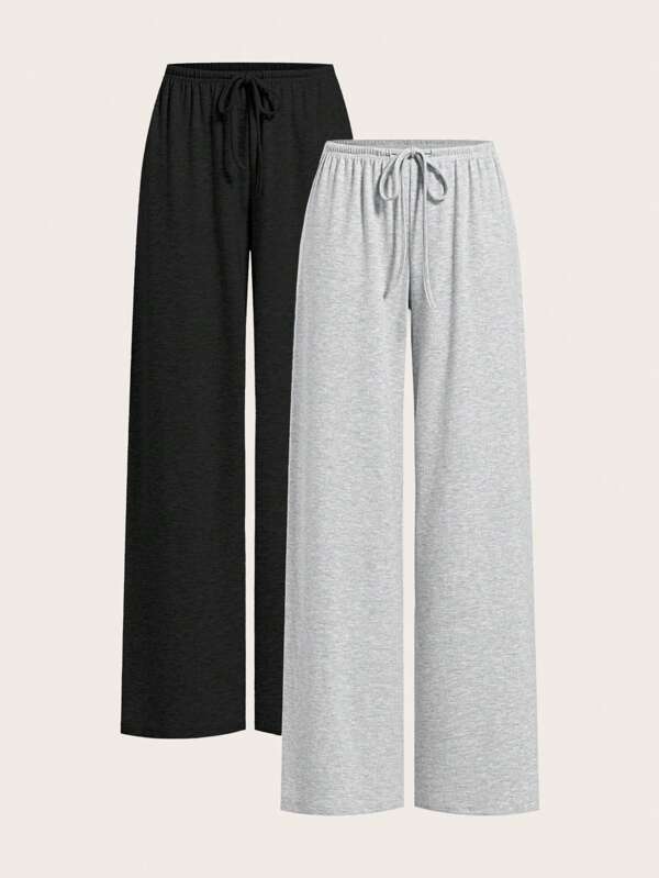 SHEIN EZwear بنطلون نسائي واسع الساق مكنوك خفيف الوزن، ثنائي اللون، كاجوال