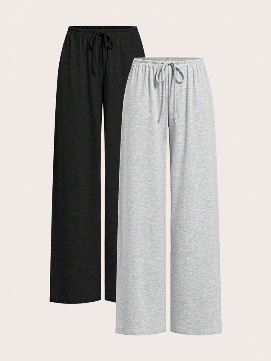 SHEIN EZwear Two-Piece Set Lightweight Knitted Wide Leg Pants For Women, Two-Tone Color, Casual, Summer Outfits , Beach Holiday - Black - View 1