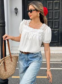 Pariaura Camicia a maniche corte di colore unito, alla moda per l'estate, da donna