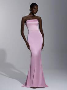 SHEIN Belle Blush Pink Spring Elegant Formal Party Wedding Bridesmaid Dress,Strapless Rhinestone Chain Decor Open Back Bodycon Fishtail Silhouette - Baby Pink - View 7