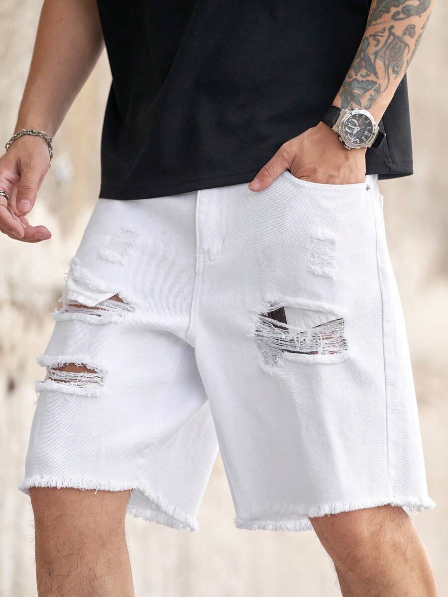 Manfinity LEGND Herren einfarbige Distressed Taschen Lässige Loose Fit Denim-Shorts - Weiss - Übersicht 1