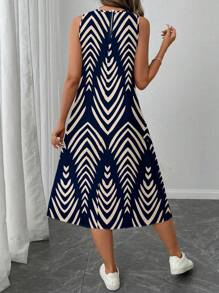 SHEIN LUNE 女士休闲几何条纹印花中长连衣裙，适合春夏季