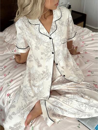 Bloemen Tree Rabbit Print Short Sleeve Pants Collar Pajama Set Cozy Elegante view 4