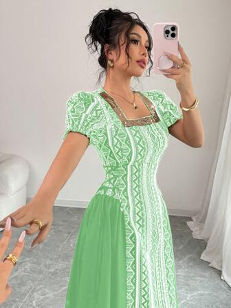 Chiquease 女士矩形领口、侧系带、A 字腰、端庄优雅的几何印花短袖连衣裙，灯笼袖，阿拉伯风格