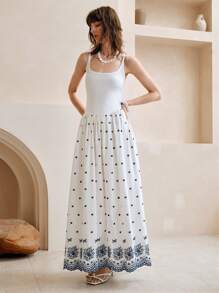 SHEIN LUNE Women's White Polka Dot Embroidered Cami Dress,Summer Elegant Vacation Long A-Line Dress,Waist-Cinching Shirred Ruffle Hem Casual Beach Resort Wear - White - View 1