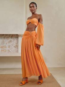 Arave 雪纺纯色抹胸式文胸背心搭配荷叶边裙，性感夏季海滩度假装女式两件套