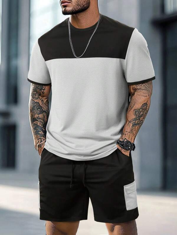 Manfinity Homme 2pcs/Set Men's Colorblock Round Neck Short Sleeve T-Shirt And Utility Pocket Shorts Casual Suits Men's Fashion Clothes Men T Shirt Set, Men Casual Top And Bottom Set, Men Color Block Sets, Summer Outfits For Men Men T Shirt Co Ords, Men 2 Piece Casual Outfits