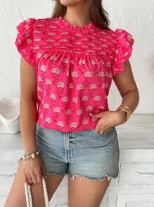 Franclia Plus Size Women's Chiffon Digital Print Cap Sleeve Casual Vacation Romantic Elegant Blouse