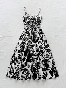 Soleia Women's Vacation Black Floral Print Hollow Out Waist Sleeveless Long A-Line Dress, Suitable For Christmas, Party, Valentine's Day, Date, Afternoon Tea - Black and White - View 2