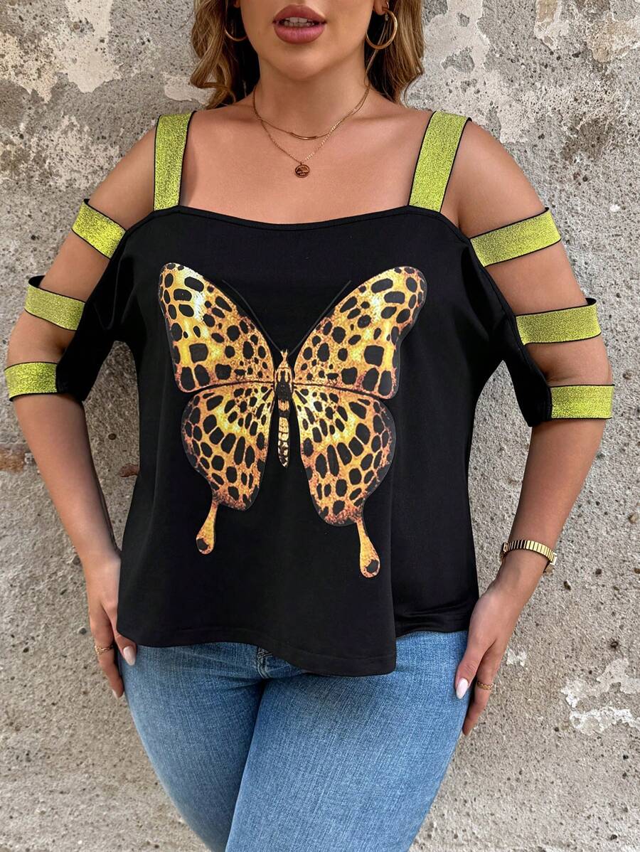 SHEIN LUNE Plus Size Leopard Print & Butterfly Hollow Out Band Black T-Shirt - Black - View 1