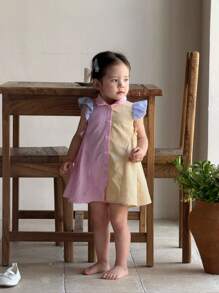 SHEIN LMoss Kids Babygirl Cute Summer Casual Striped Patchwork Cap Sleeve Mini Dress - Multicolor - View 4