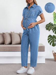 SHEIN Maternity Blue Denim Jumpsuit - Light Wash - View 1