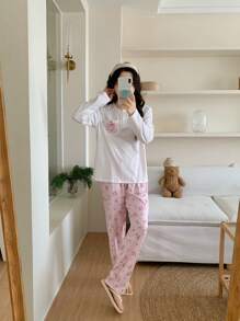 少女纯色前扣领蕾丝口袋碎花优雅休闲睡衣套装，配有长袖上衣和裤子