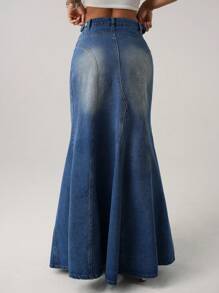 SHEIN ICON 女士渐变色口袋喇叭休闲牛仔裙 - 中等水洗藍 - 查看 2