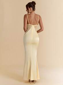 SHEIN BAE 优雅春夏纯红色蕾丝拼布缎面连衣裙，红色连衣裙，婚礼派对伴娘礼服，优雅连衣裙 - 紅色 - 查看 2