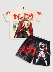 ROMWE MEN Anime Conjunto de 2 piezas de camiseta de manga corta y pantalones cortos con estampado de anime para hombre, para uso diario