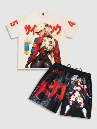 Anime Conjunto de 2 piezas de camiseta de manga corta y pantalones cortos con estampado de anime para hombre, para uso diario