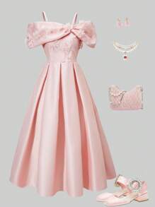 SHEIN 少女蝴蝶结露肩修身喇叭裙，粉色，适合派对 - 粉色 - 查看 5