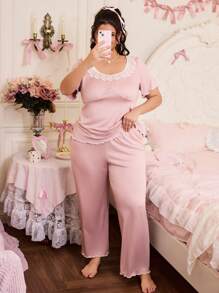 SweetSlumber Conjunto de pijama de pantalón largo y manga corta con encaje para talla grande