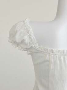 Elamini 白色性感露肩荷叶边收腰修身夏季度假上衣