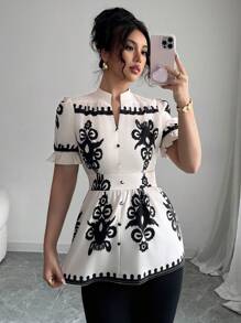 SHEIN Unity Women's V-Neck Printed Shirt With Ruffle Cuffs And Matching Button Decoration, Casual Vacation Style - Multicolor - View 5