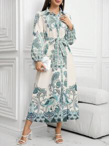 SHEIN Lacomfia 女士优雅佩斯利印花长裙，夏季 - 綠色 - 查看 4