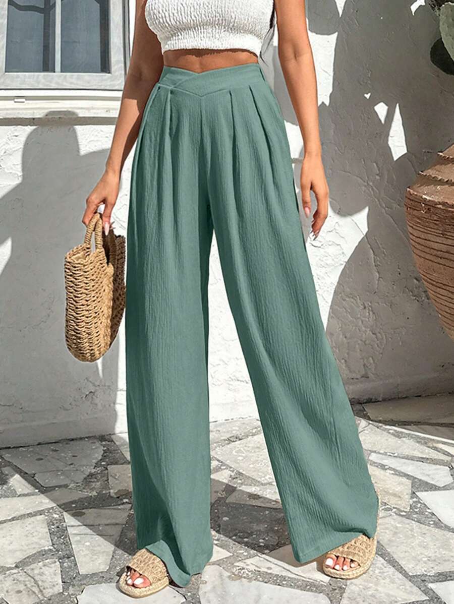 Women's Solid Color Asymmetric Waistband Pleated Loose Wide Leg Casual Pants - Mint Green - View 1