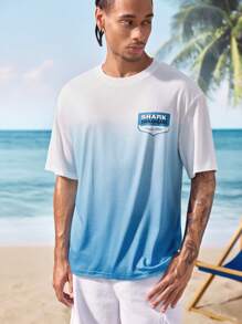 Shark Week X SHEIN 男士渐变鲨鱼印花圆领短袖T恤，夏季 - 彩色 - 查看 7