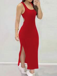 INAWLY Vestido ajustado y sexy con cuello bajo, espalda descubierta, tirantes cruzados y abertura - Rojo - Ver 3