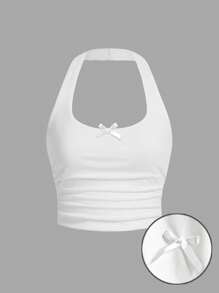 SHEIN EZwear 女士休闲性感低胸褶饰露背吊带背心，20% 棉，蝴蝶结装饰 - 白色 - 查看 3