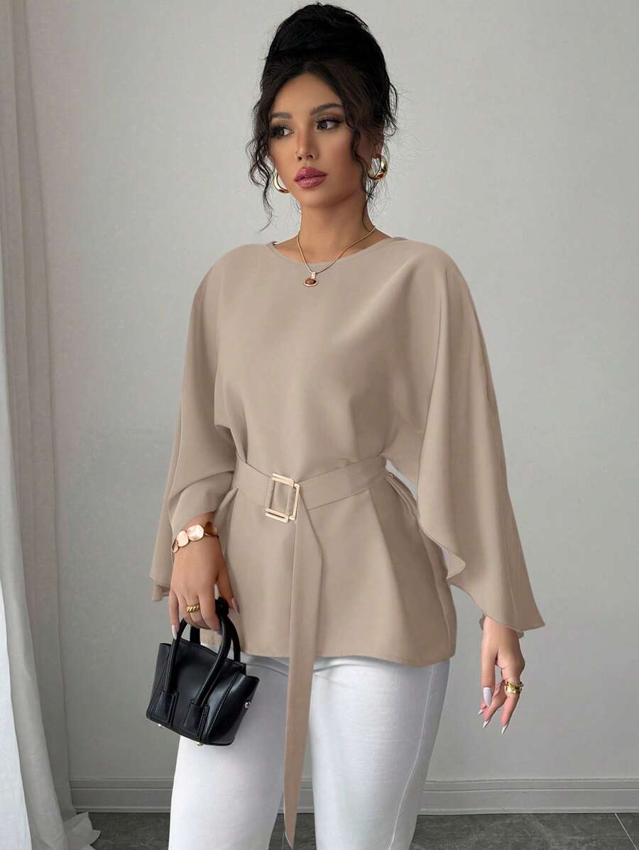 Selianne Women's French Style Round Neck Batwing Sleeve Waist Tie Shiny Red Blouse, Spring/Summer Fall Cloth For Women