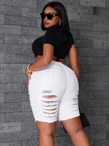 SHEIN Plus Size Autumn Casual Solid Color Distressed Slim Fit Denim Shorts - White - View 1