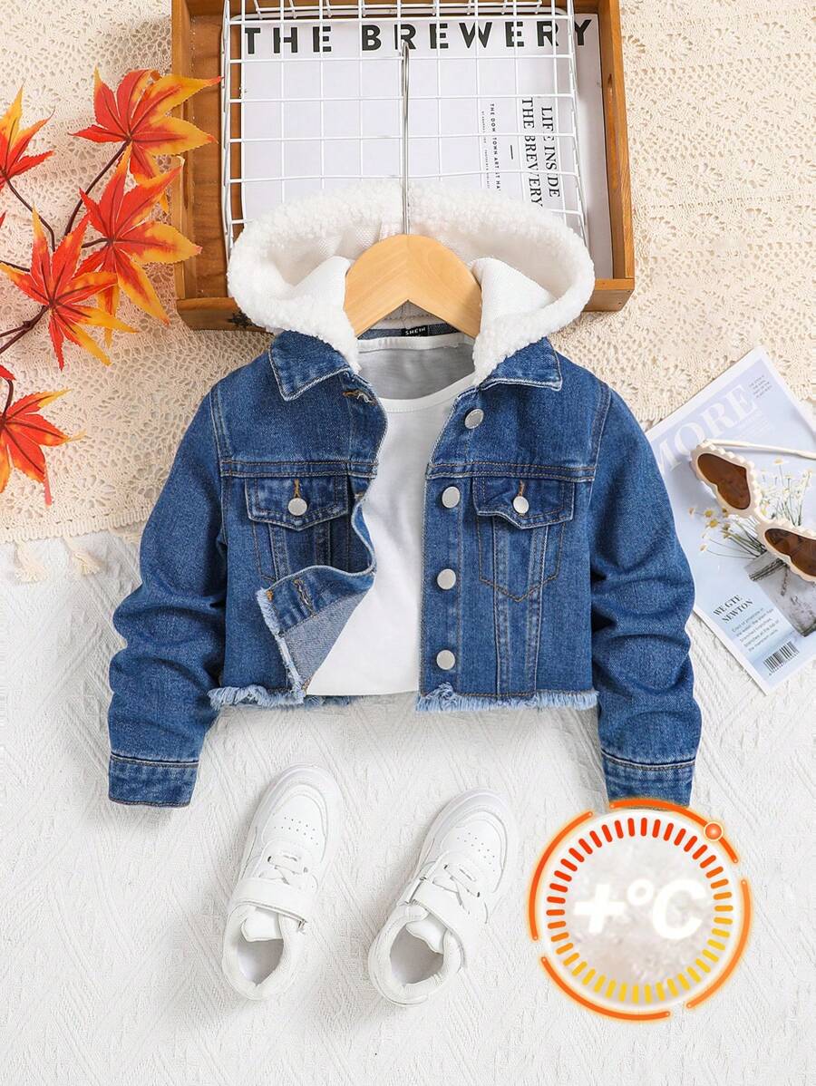 SHEIN 女小童1入組翻蓋細節毛邊連帽牛仔夾克 - 深色水洗藍 - 查看 1