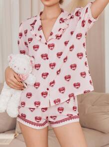Softscene 可爱睡衣樱桃印花花卉女士春夏泡泡袖领子和荷叶边下摆短裤睡衣套装 - 淺粉色 - 查看 4