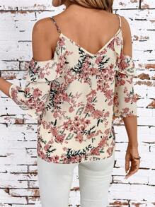 SHEIN Clasi Romantic Floral Print Off-Shoulder Ruffled Blouse, Fashionable For Summer Floral - Dusty Pink - View 2