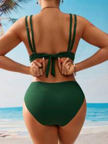 Swim DD+ 2pcs Solid Textured Fabric Halter Neck Wireless Women Minimalist Elegant Vacation Bikini Set For Summer