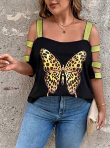SHEIN LUNE Plus Size Leopard Print & Butterfly Hollow Out Band Black T-Shirt - Black - View 4