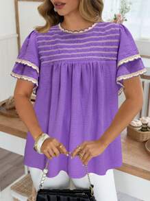 Flirla Plus Size Elegant Bohemian Style Double Layer Ruffle Trim Short Cap Sleeve Casual Blouse - Purple - View 3