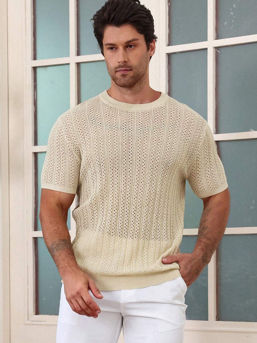 DAZY Men's Textured Striped Knit Sweater, Summer - Apricot - View 1